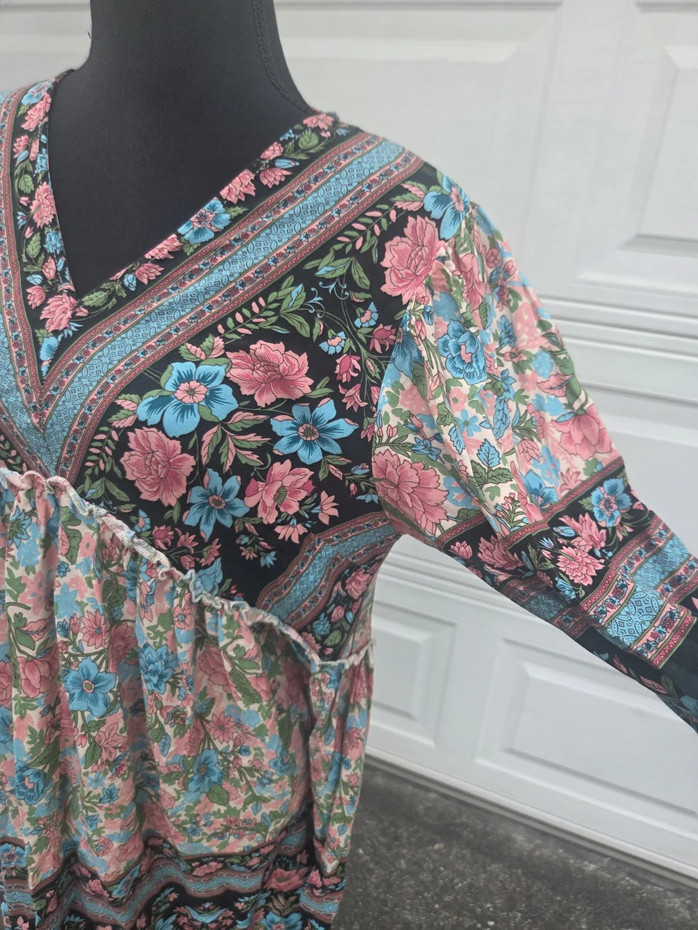 BTFBM Floral Boho Babydoll Mini Dress Pink Blue Long Sleeve V-Neck Size M - Picture 5 of 14